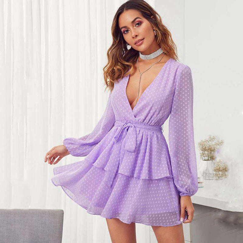 Women Summer Fashion V-neck Double Layer Lower Hem with Lace Polka Dot Dress DreamFashion