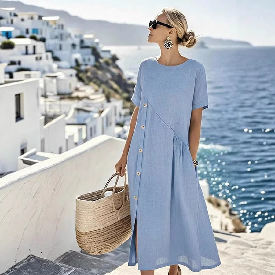 Casual Fastener Decoration Fold Pocket Mid Length Dress NICE