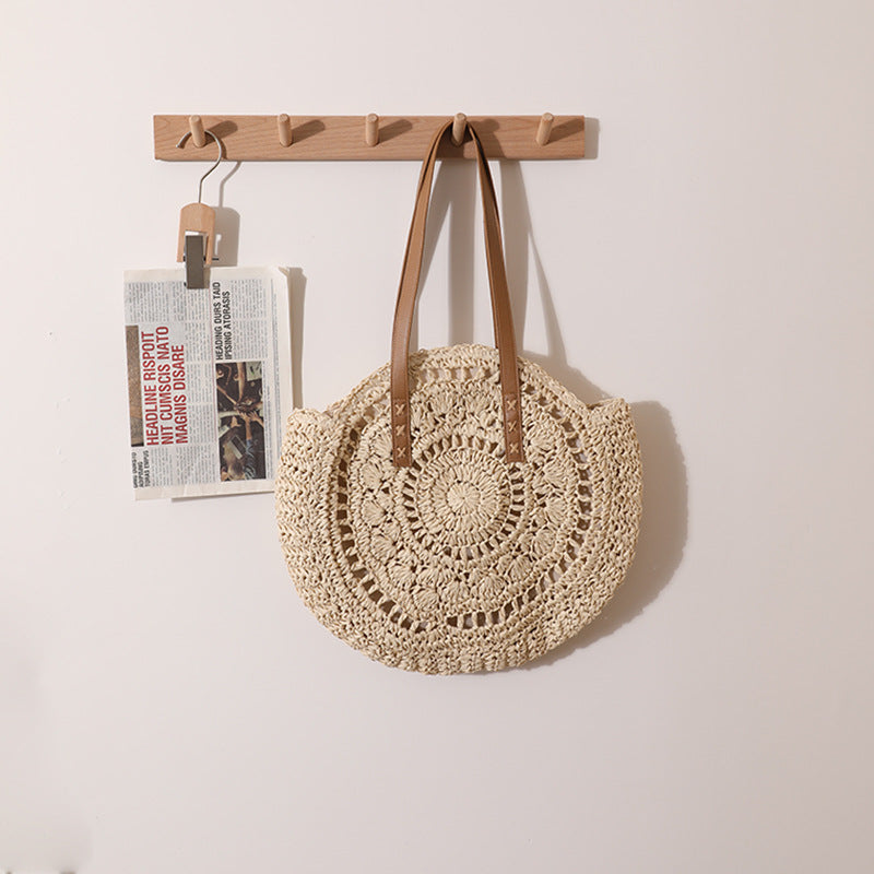 round Straw Bag One Shoulder Portable Hollow Out Cutout out Straw Bag Woven Bag Women Summer Seaside Casual Vacation Beach Bag EaseWoven