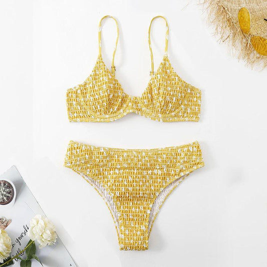 Sexy Printed Steel Bracket Beach Split Bikini High Waist Special Fabric Swimsuit Swimwear Women