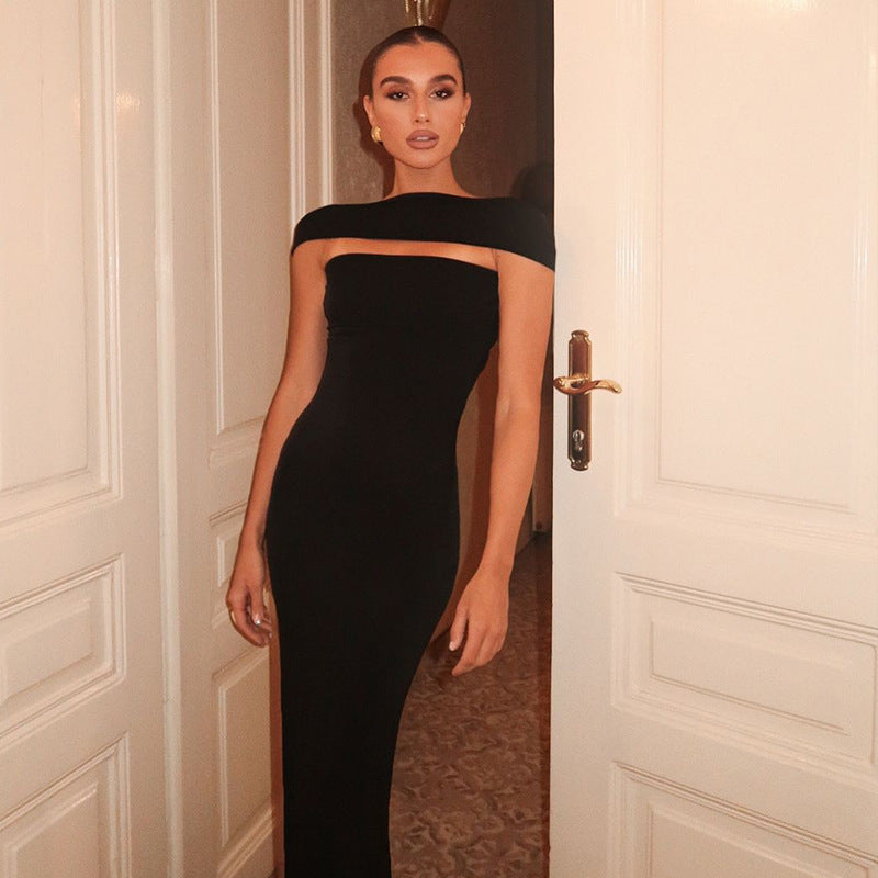 Women Clothing off the Shoulder Collar Wrapped Chest Backless Solid Color Tight Sheath Dress LaceCH