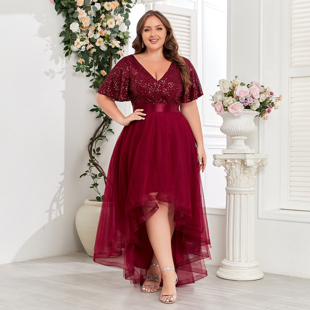 Spring Summer Double V neck Elastic Waist Short Sleeve Irregular Asymmetric Evening Dress Party Midi Women Dress HENGACHI