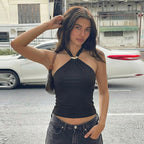 Débardeur bustier uni sexy dos nu à lacets ajustables, style français, idéal pour le printemps.