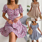 Spring Summer Elegant Floral Lace-up Waist-Controlled Large Hem Dress Women Clothing BAGIISA