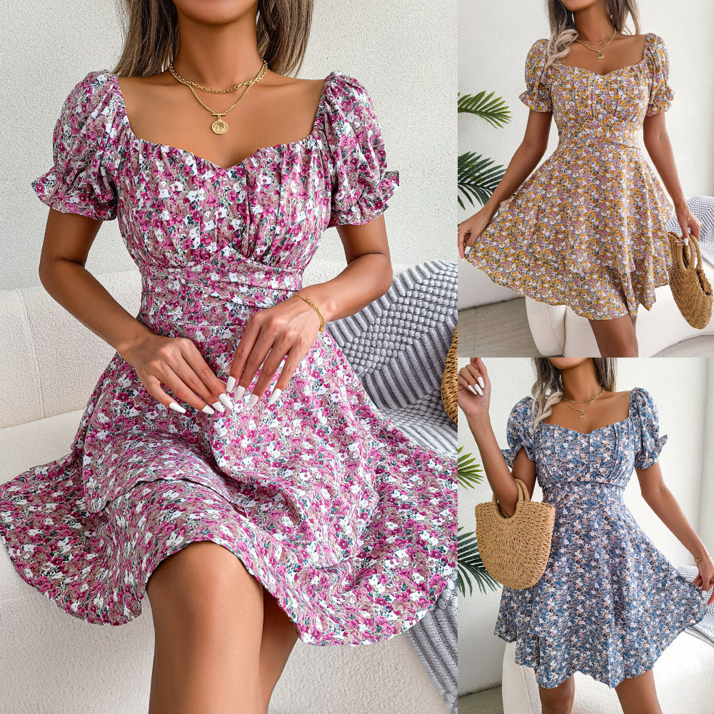 Spring Summer Elegant Floral Lace-up Waist-Controlled Large Hem Dress Women Clothing BAGIISA