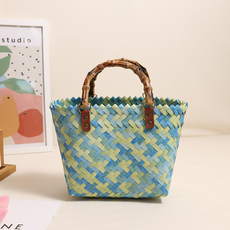 Sac à main carré en paille tressée couleur rétro, style portable, idéal pour les vacances ou la plage. Sac pour femme. 