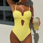 Bikini Yellow Bars Hollow Out Cutout out Strap One Piece Swimsuit DOUBLEOUT