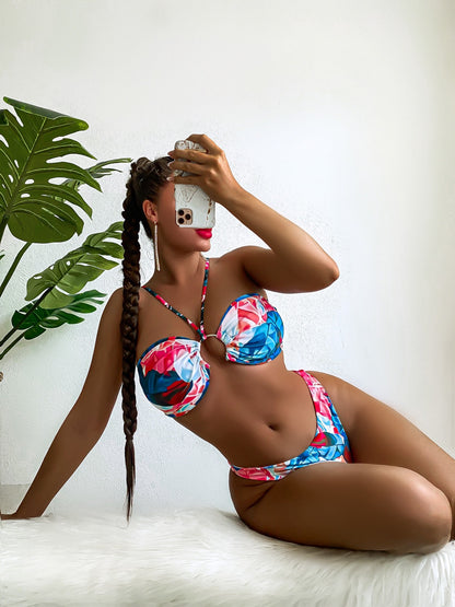 Traje de baño de bikini plisado con cuello halter y estampado de color con top de tubo sexy