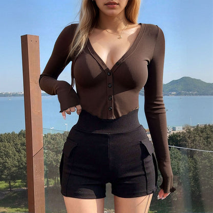 Fall Sexy Long Sleeve Button Cardigan Slim V neck Top