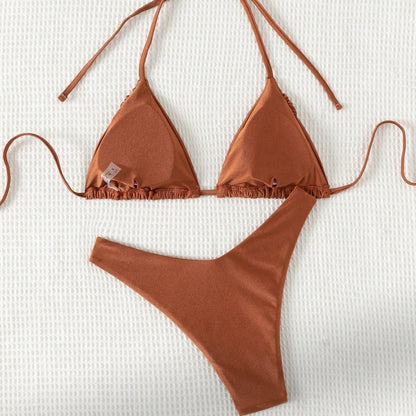 Traje de baño de color sólido sexy de pierna alta bikini con tirantes halter dividido traje de baño para mujer