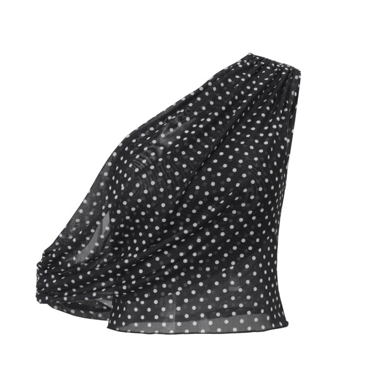 Haut asymétrique sexy à pois en mousseline transparente à col diagonal pour femme