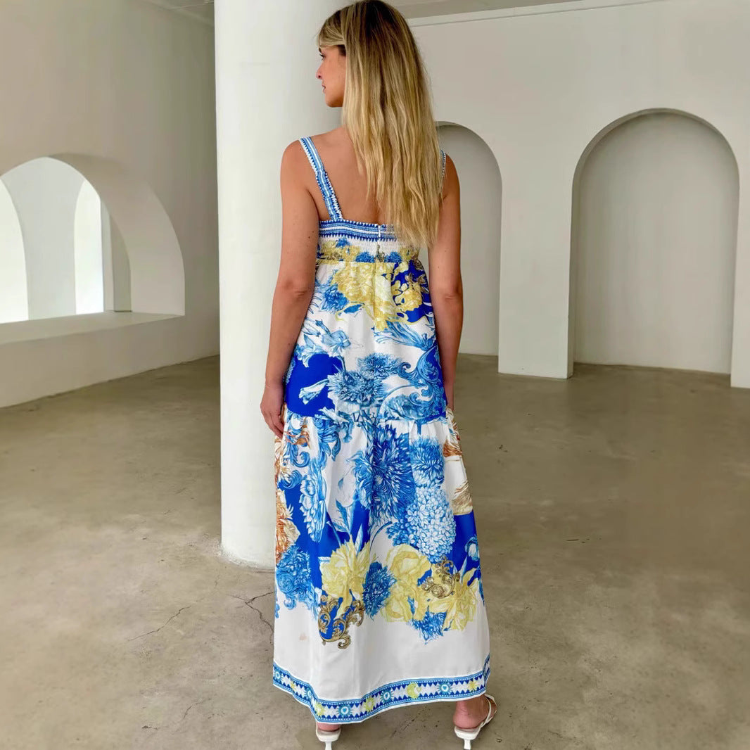 Summer Vacation Long Positioning Printing Slip Dress XUYUN