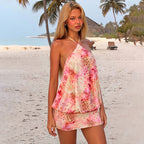 Sexy Women Clothing Summer Printed With Laces Halter Backless Hip Hugging Short Dress LEKINS
