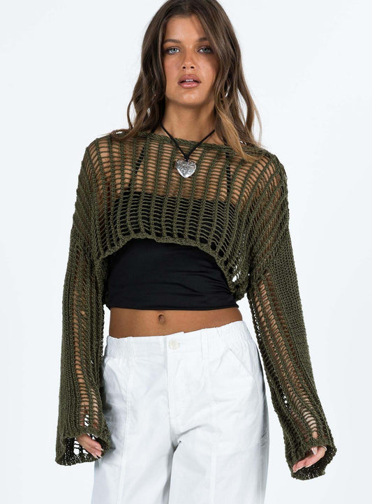 Women Clothing Summer Crew Neck Long Sleeve Sun Protective Blouse Hollow Out Cutout out Short Sexy Cropped Knitted Sweater Women
