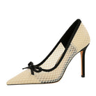 French High Heels Bow Pointed Shallow Mouth Mesh Lace Stiletto Heel Slip on Pumps Women ForestFootwear