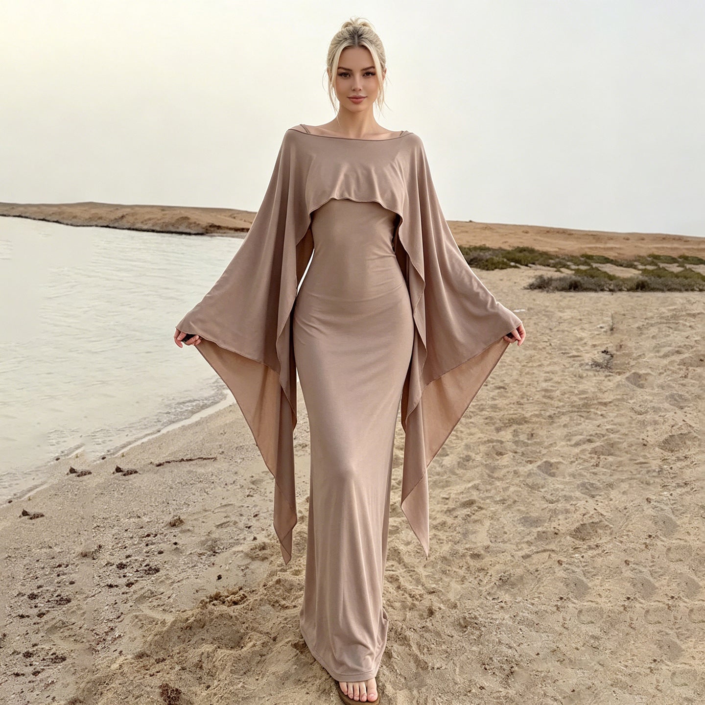 Sexy Adult Lady like Woman Elegant Batwing Sleeve Shawl Strap Backless Cami Dress Two Piece Set for Women LingSharp