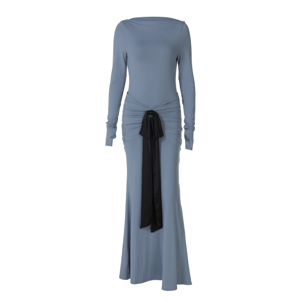 Robe d'été pour femme, couleur unie, plissée, taille cintrée, lacets, manches longues