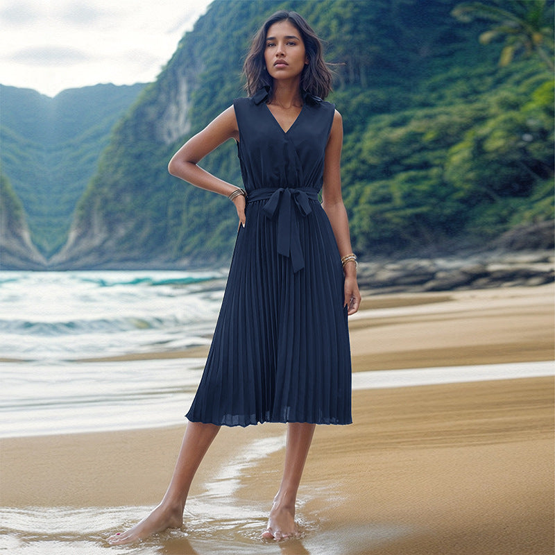 Summer Dress Sleeveless Solid Color Beach Dress HUNDRED