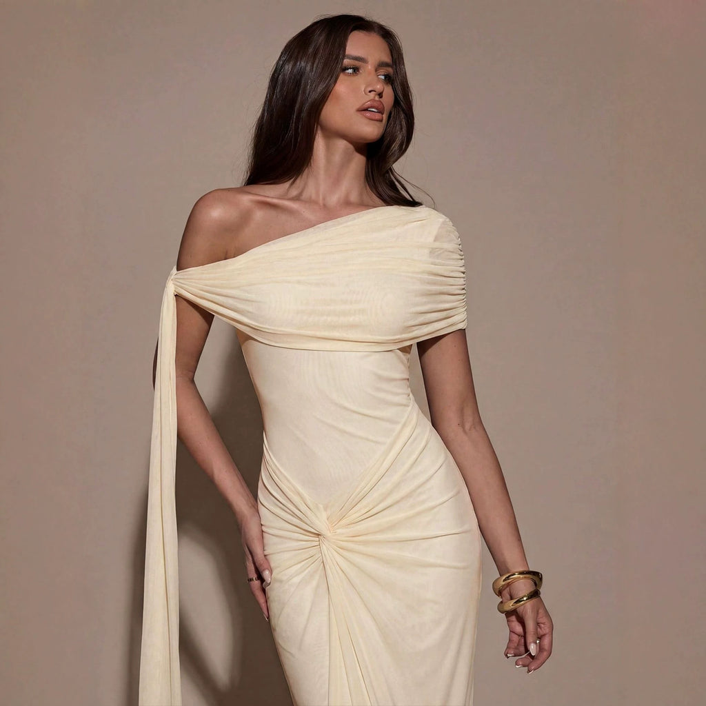 Women Clothing Oblique Shoulder Irregular Asymmetric Maxi Dress Pleated Slim Summer Dress for Women WensDiva
