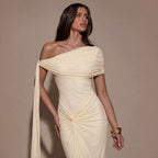 Women Clothing Oblique Shoulder Irregular Asymmetric Maxi Dress Pleated Slim Summer Dress for Women WensDiva