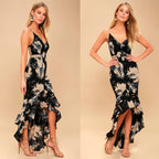 Women Spring Summer New Black White Floral Print High Waist Backless Strap Dress DreamFashion