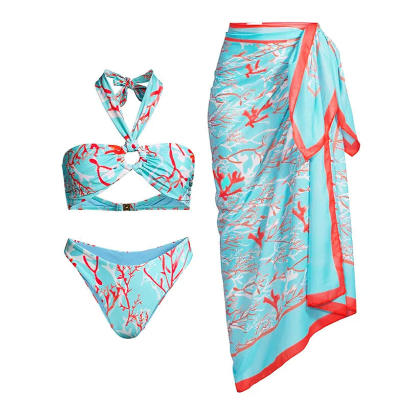 Traje de baño de bikini de tres piezas dividido para mujer, traje de baño ajustado y adelgazante de gasa