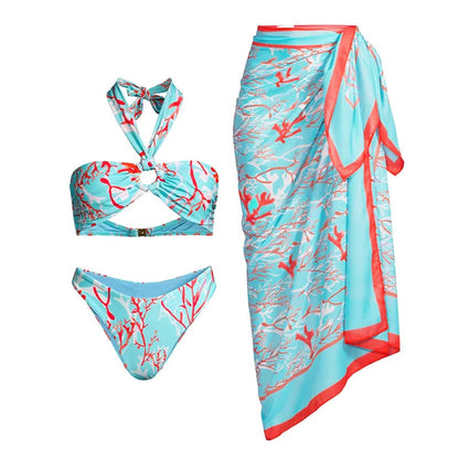 Traje de baño de bikini de tres piezas dividido para mujer, traje de baño ajustado y adelgazante de gasa