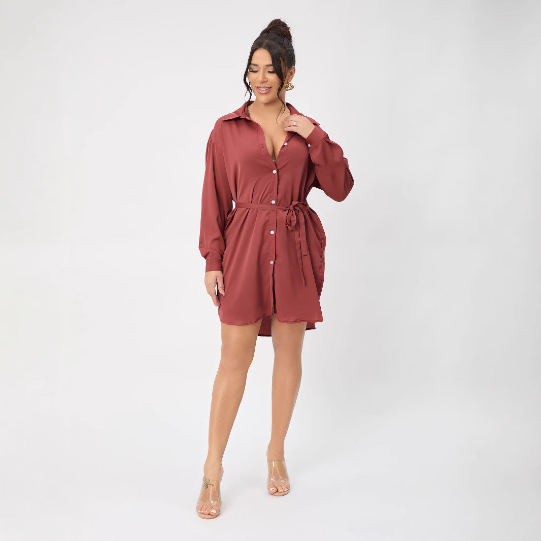 Conjunto de dos piezas formado por camisa y pantalón corto, para mujer, informal, de manga larga, con cuello y cinturón, para primavera