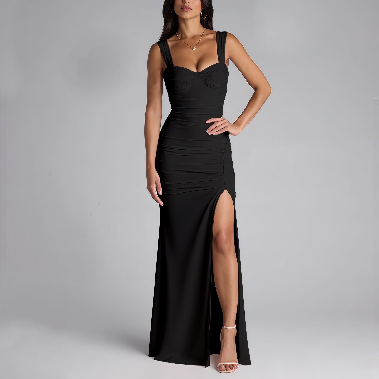 Mesh Camisole Dress Backless High Slit off Neck Slim Fit Ruffle Hip Dress SUNSHINE