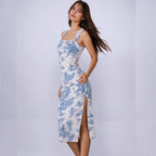 Summer Fresh Maxi Dress Square Collar Slimming Side Slit Sling Dress George