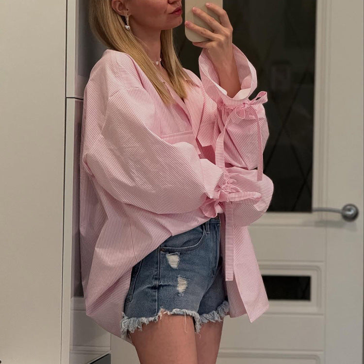 Camisa francesa de oficina a rayas de moda para mujer, camisa con cuello, mangas acampanadas y bolsillos sueltos, con estampado de primavera y otoño