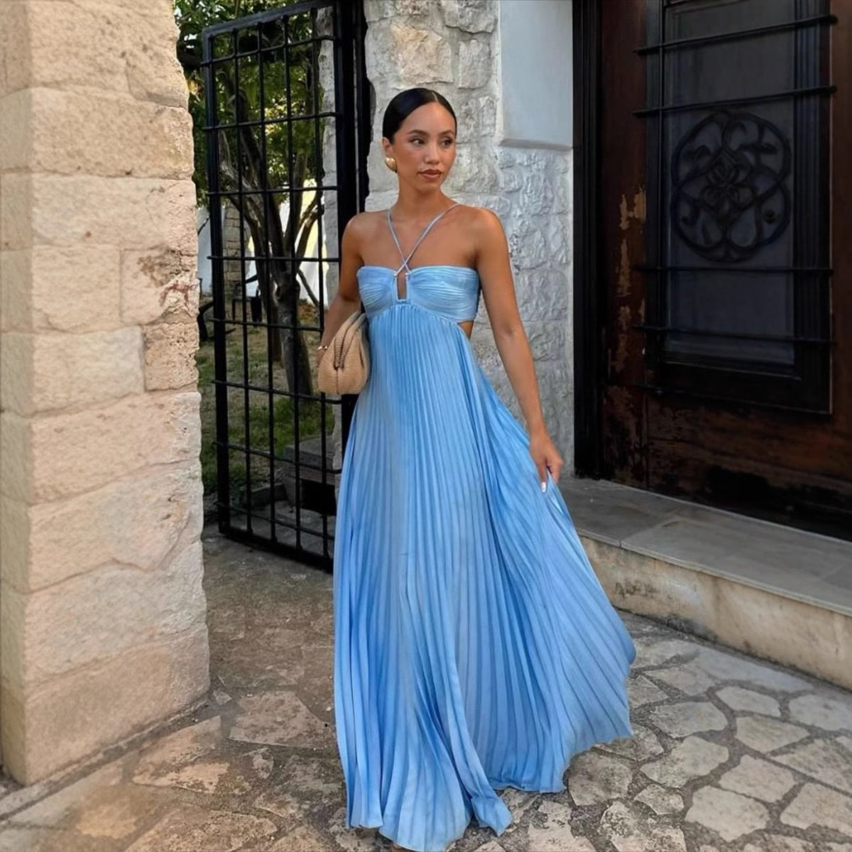 Summer Solid Color Tube Top Pleated Sleeveless Sling Dress XUYUN