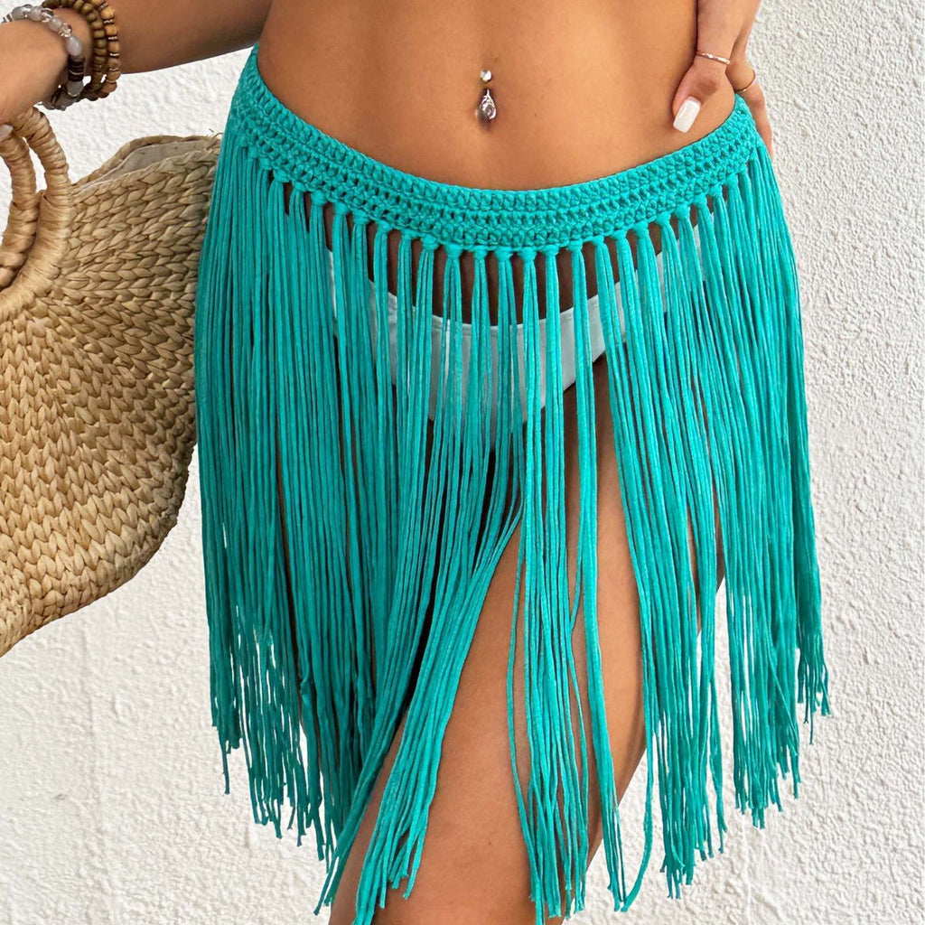 Women Lace up Skirt Women Clothing Beach Beach Cover Up Pure Hand Crocheting Tassel Skirt Overskirt Oyimi