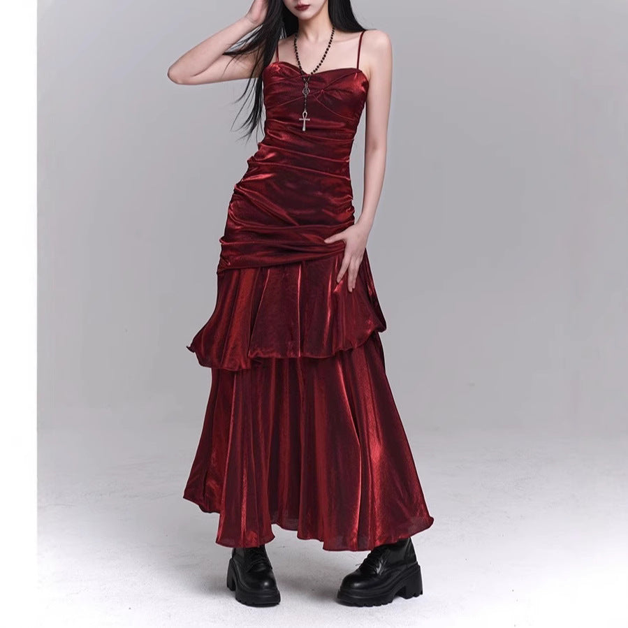 Vestido rojo oscuro con tirantes, vestido de concierto para cumpleaños, vestido de fiesta de alta gama, vestido pequeño
