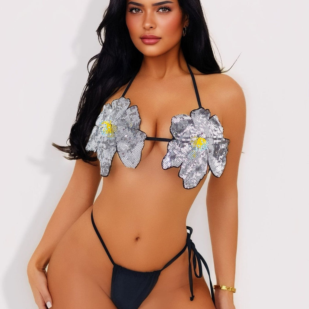 Sequined White Floral Halter Bikini Three Point Split Swimsuit Strap Sexy Swimsuit Women DRIVINGSTRONG