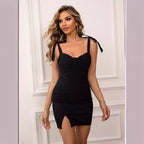 French Hepburn V Neck Strap Dress Summer Retro Split Waist Slimming Short Dress Women Clothing