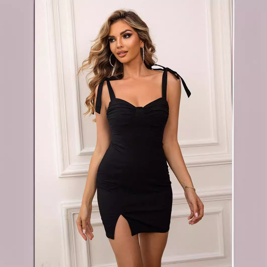 French Hepburn V Neck Strap Dress Summer Retro Split Waist Slimming Short Dress Women Clothing