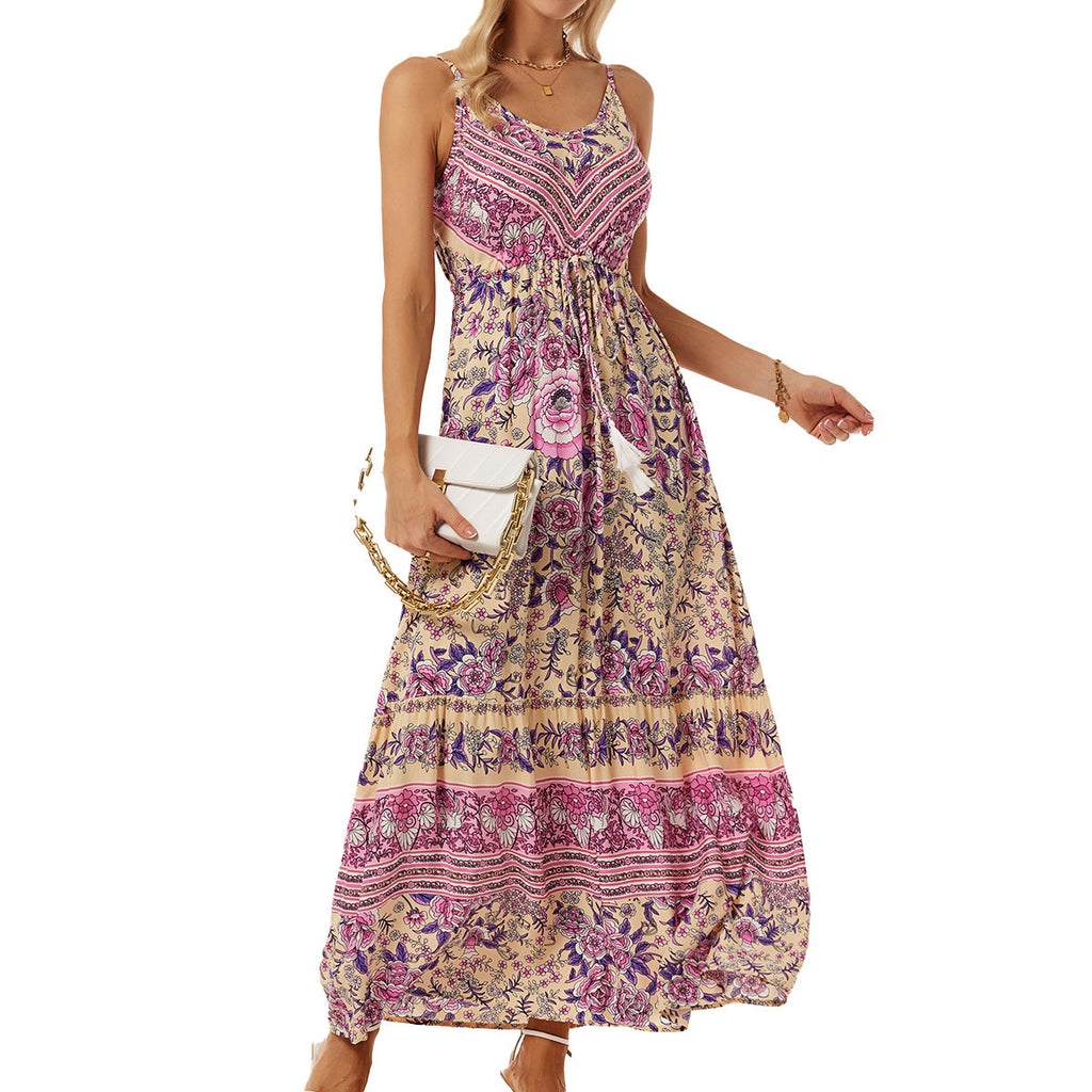 Women Bohemian Strap Dress Printed Vacation Beach Dress Cloth Porch