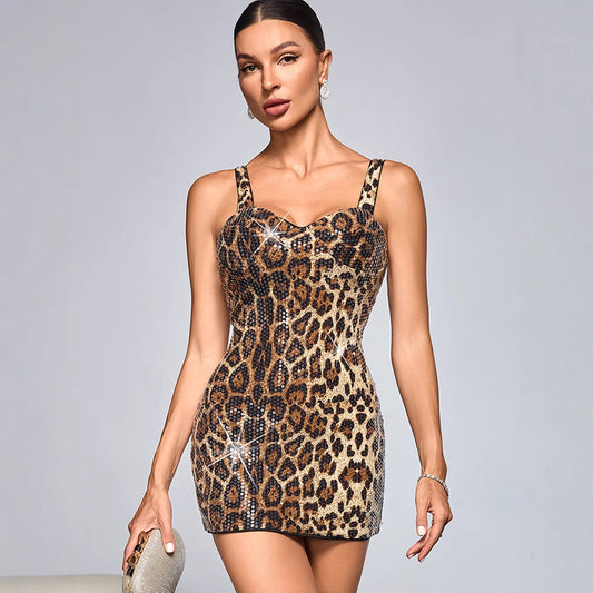 Sexy Leopard Print Sequin Sling Dress Short Dress Women Clothing Dress