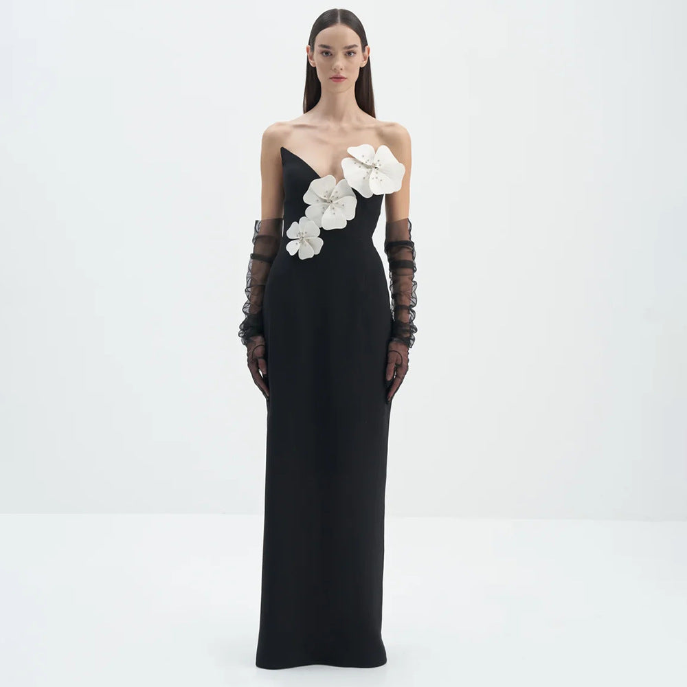 Spring Summer Black Tube Top Dress Floral Diamond Core Split off-Shoulder Design Dress Women Clothing Sight