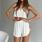 Pyjama deux pièces à bretelles et short, confortable et respirant, en tricot, pour femme