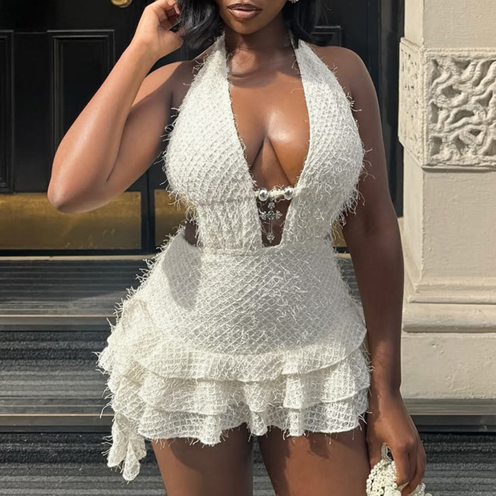 Women Clothing Dress V neck Hollow Out Cutout Pettiskirt Neck Strap Backless Fine Wool Dress Nazada