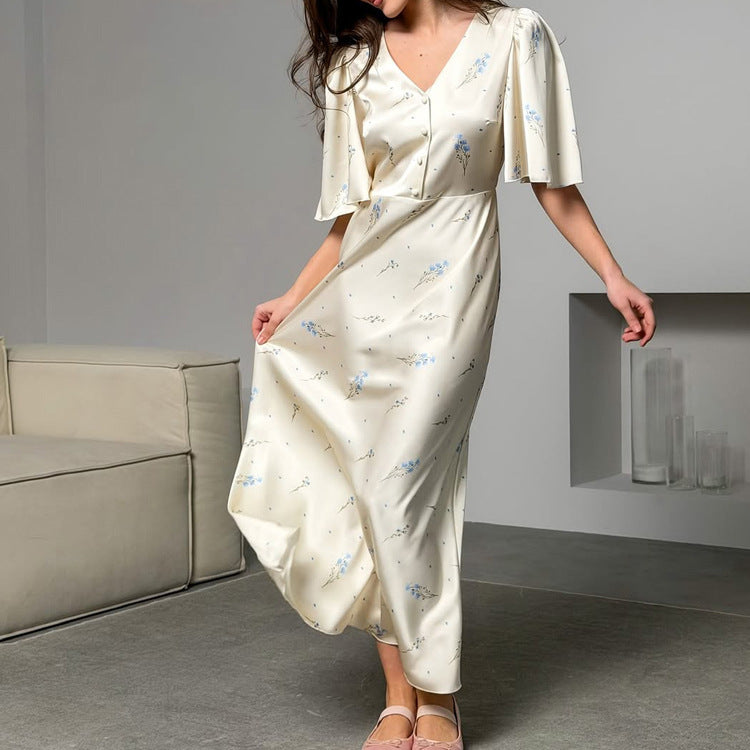 French V neck Floral Women Advanced Satin Short Sleeve High Waist Elegant Maxi Dress Kigali
