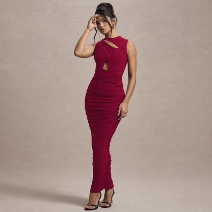 Autumn Winter Women Clothing Elegant Pleated Slim Sleeveless round Neck Sheath Dress