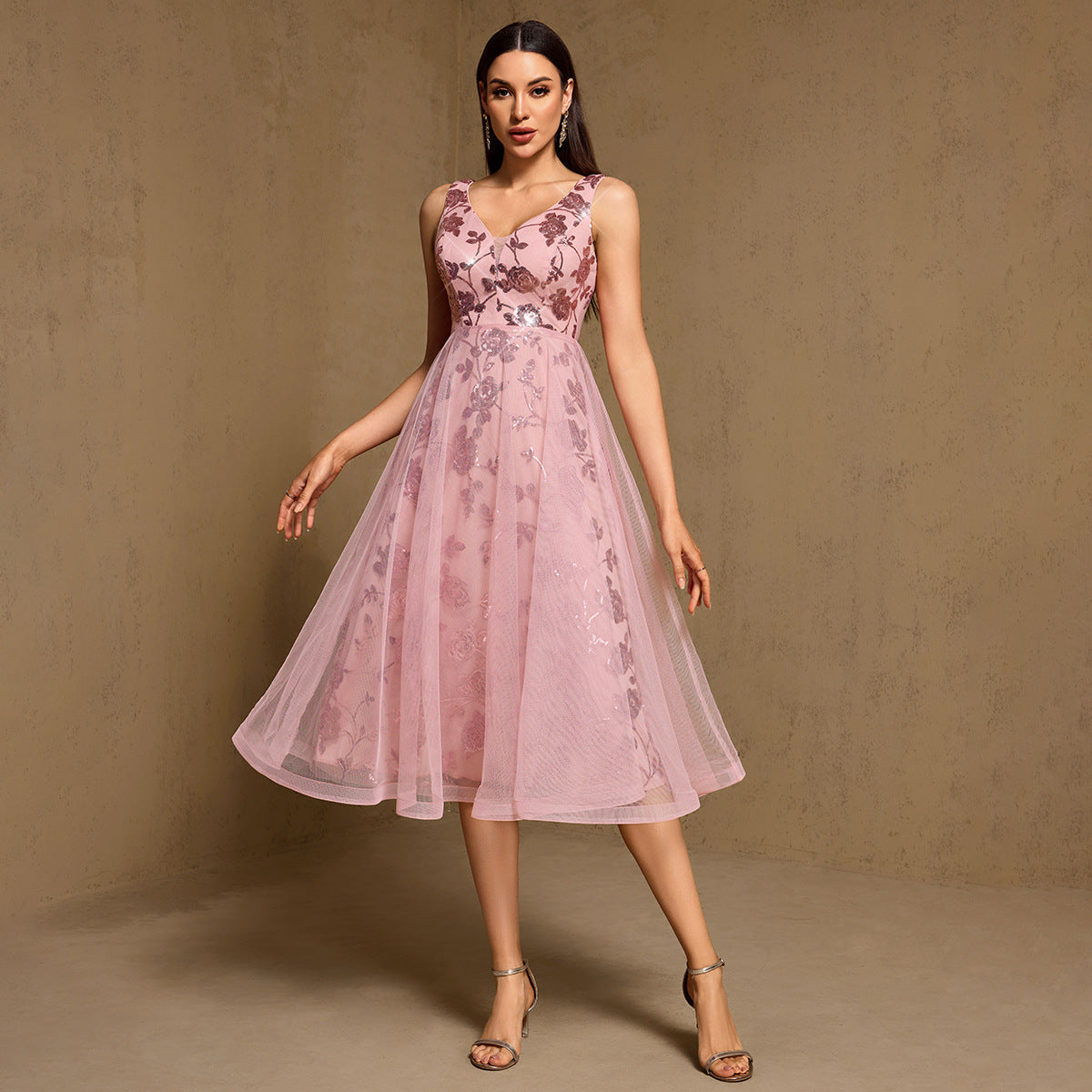Summer Double V neck Sequ Mesh Layer Full Lining Sweet Mid Length Evening Dress Party Dress HENGACHI