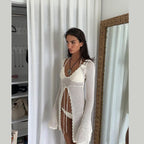 Summer Beach Dress Women Solid Color Sexy Knitted Hollow Out Cutout Bikini Swimsuit Blouse Sun Protective Clothing Mangar