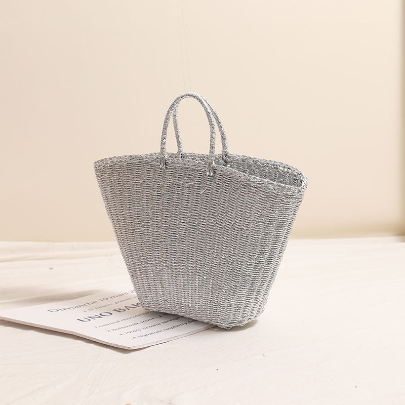 Bolso de paja portátil plateado con diseño de metal, de gran capacidad, ideal para llevar a mano o en la playa. 