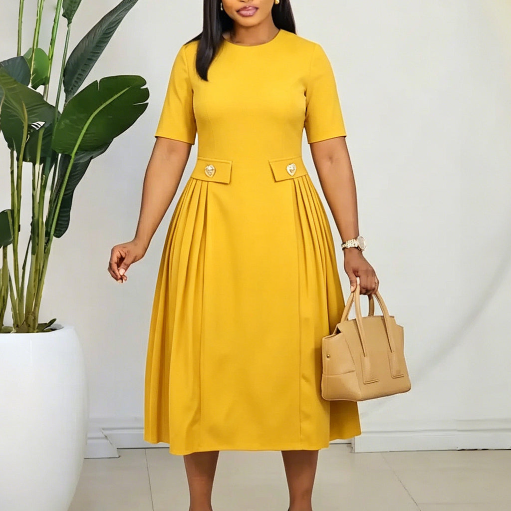 Women Wear Summer round Neck Short Sleeve Elegant Solid Color Midi Dress Morn