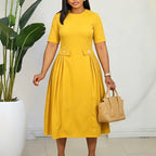 Women Wear Summer round Neck Short Sleeve Elegant Solid Color Midi Dress Morn