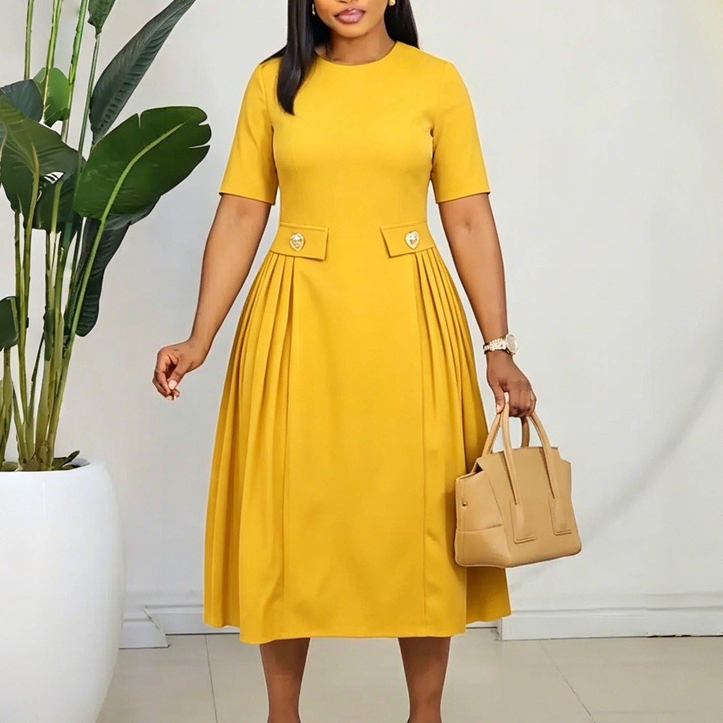 Women Wear Summer round Neck Short Sleeve Elegant Solid Color Midi Dress Morn